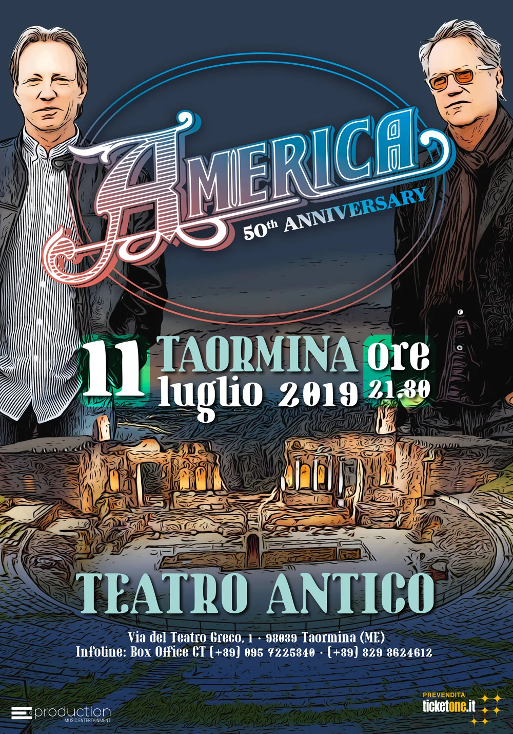 Locandina del concerto degli America, 50th Anniversary, al Teatro Antico di Taormina, 11 luglio 2019